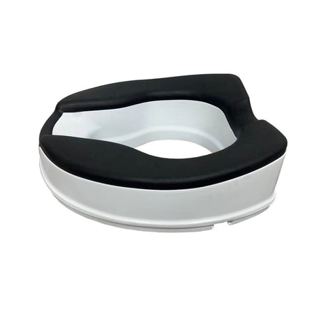 White toilet seat with black cover on a white background - okotoks hc pharmacy