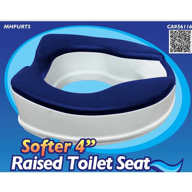 Raised toilet seat with blue cover on a blue background, featuring branding and product details. - okotoks hc pharmacy