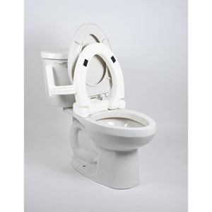 White toilet with an open seat on a light gray background - okotoks hc pharmacy