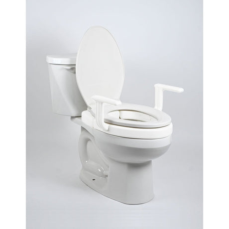 White toilet with a raised seat on a light gray background - okotoks hc pharmacy