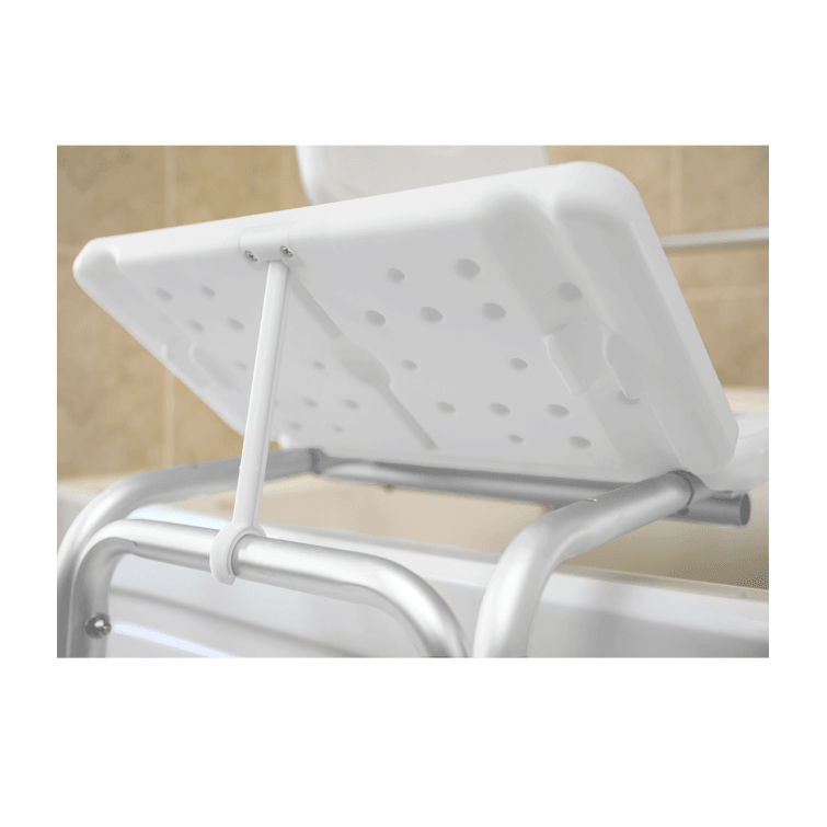 White shower seat with perforated design on a tiled bathroom wall background - okotoks hc pharmacy