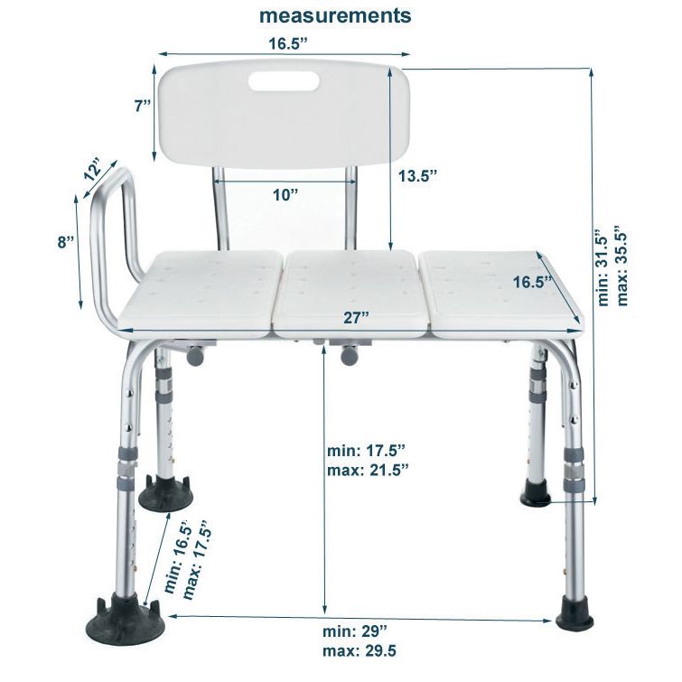 Measurement chart of an adjustable bath seat with dimensions labeled. - okotoks hc pharmacy