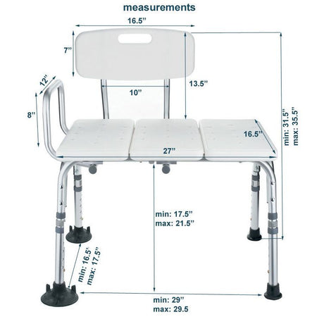 Measurement chart of an adjustable bath seat with dimensions labeled. - okotoks hc pharmacy