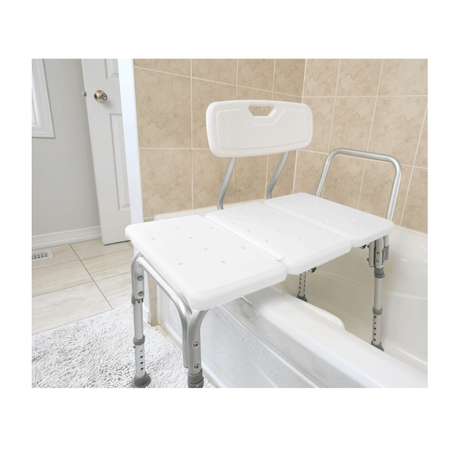 White adjustable bathtub seat with backrest in a bathroom setting. - okotoks hc pharmacy