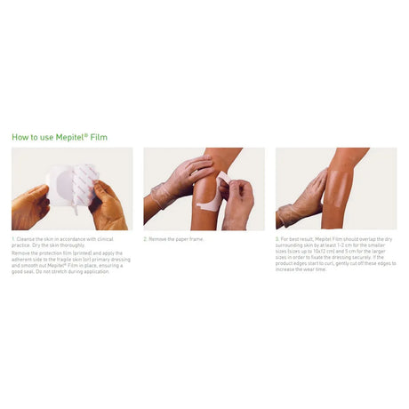 Instructions on how to use Mepitel Film with step-by-step illustrations. - okotoks hc pharmacy