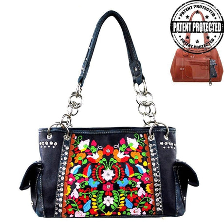 navy handbag with colorful floral embroidery and studded details on a white background. - okotoks hc pharmacy