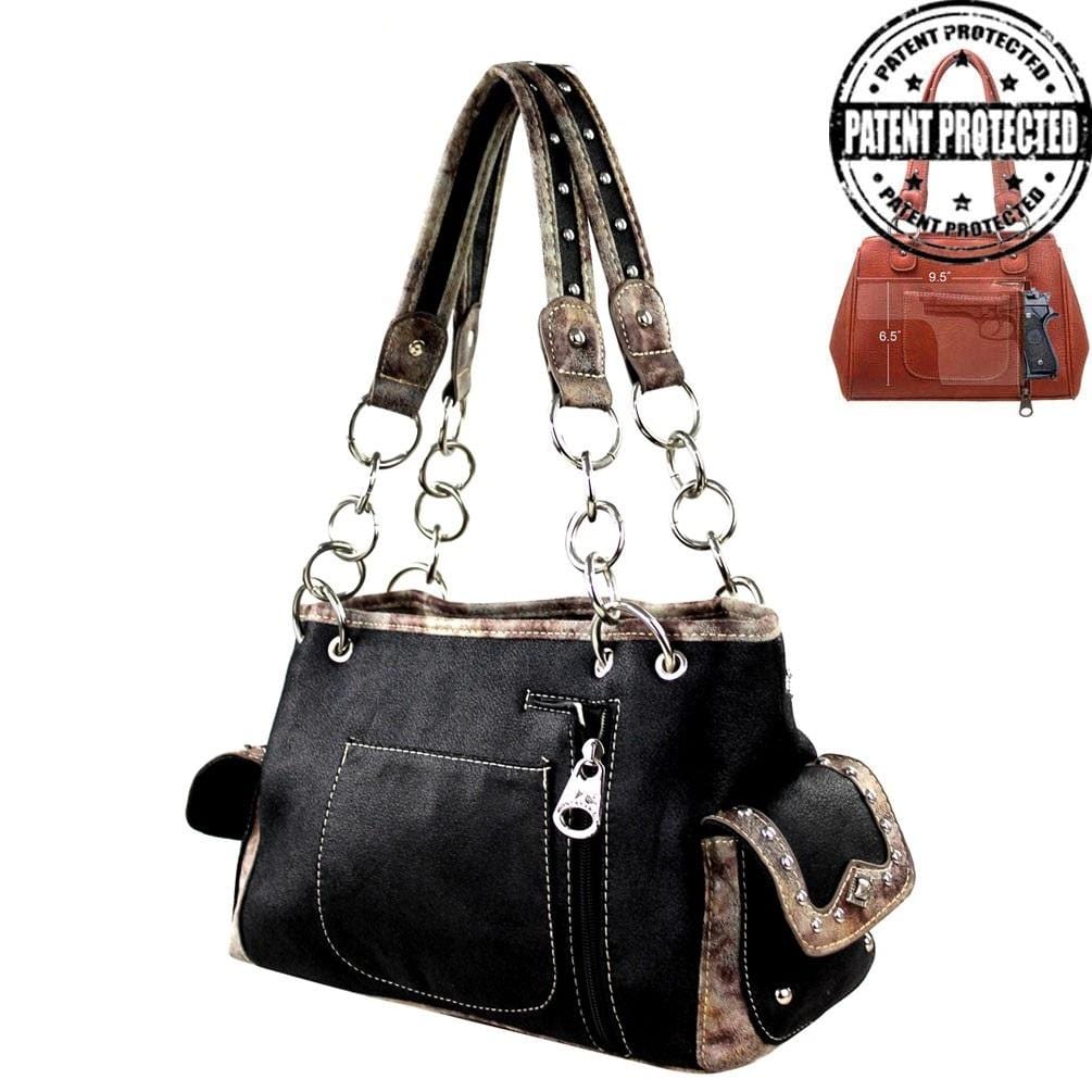Black handbag with studded details on a white background, featuring a 'Patent Protected' logo. - okotoks hc pharmacy