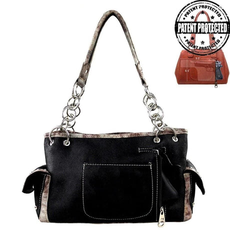 Black handbag with camouflage accents and a patent protected logo on a white background - okotoks hc pharmacy