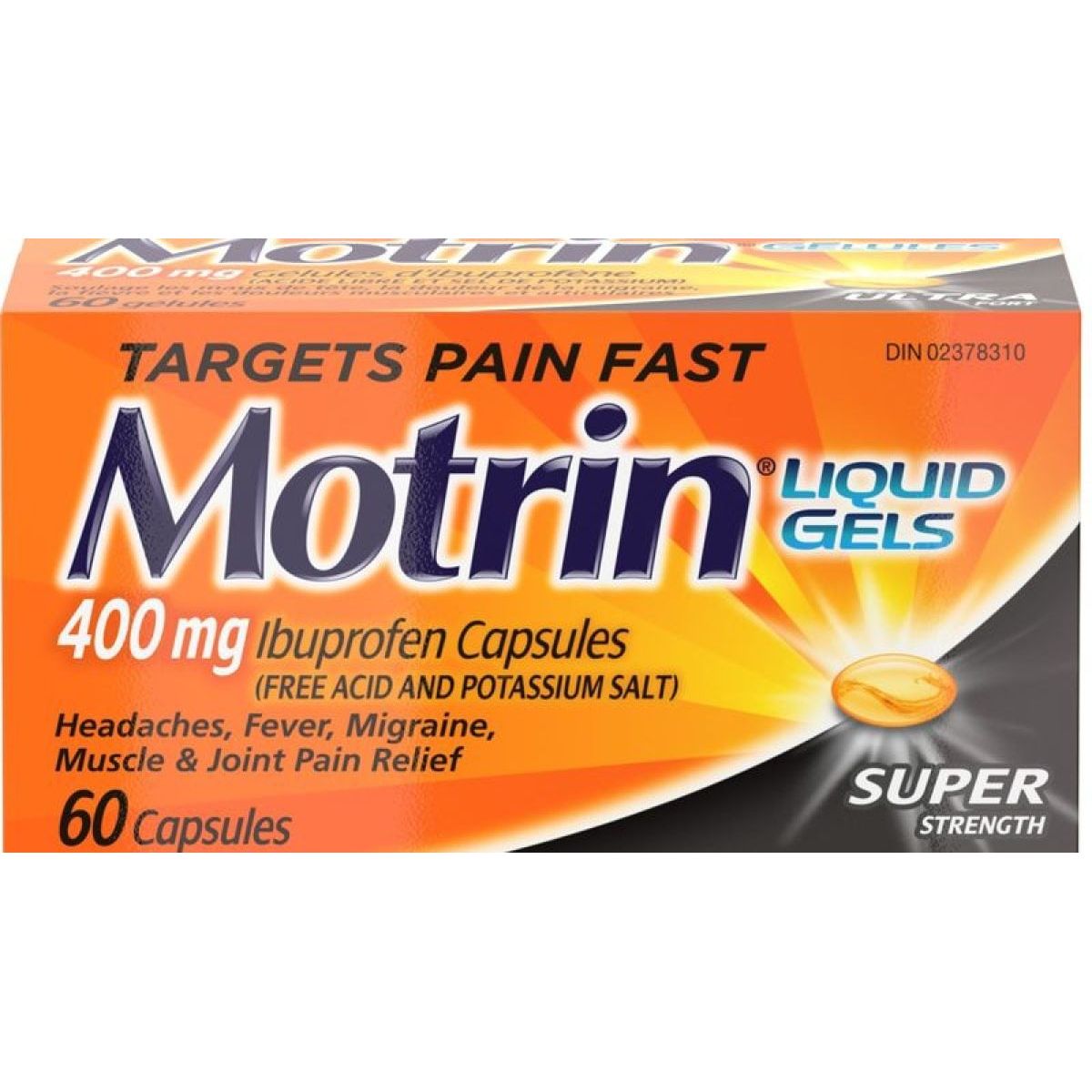 Motrin Liquid Gels packaging with orange and black design - Okotoks HC Pharmacy