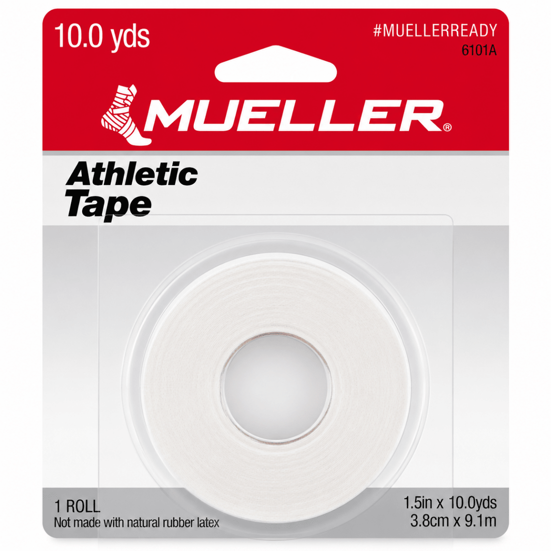 A roll of white athletic tape in its original blister packaging, featuring a red header card with the brand name 'MUELLER' and product details. - okotoks hc pharmacy