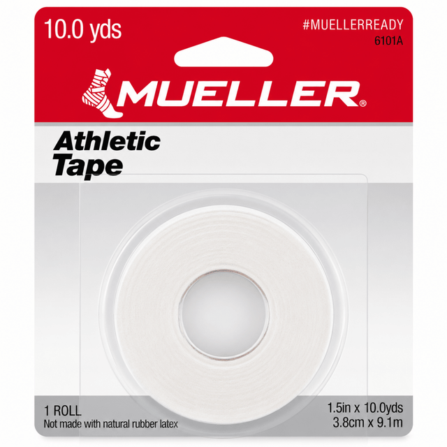 A roll of white athletic tape in its original blister packaging, featuring a red header card with the brand name 'MUELLER' and product details. - okotoks hc pharmacy