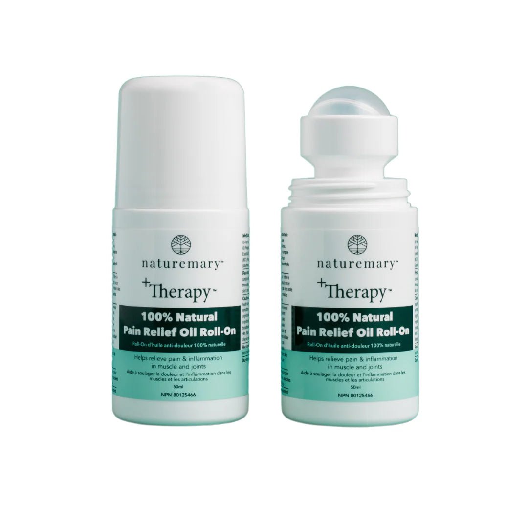 Two bottles of Nature Mary + Therapy 100% Natural Pain Relief Oil Roll-On on a white background - okotoks hc pharmacy