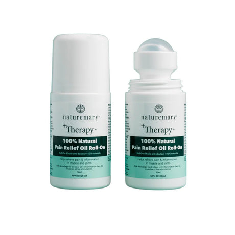 Two bottles of Nature Mary + Therapy 100% Natural Pain Relief Oil Roll-On on a white background - okotoks hc pharmacy