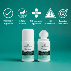 Two bottles of Naturemory Therapy Pain Relief Oil Roll-On on a teal background with approval icons. - okotoks hc pharmacy