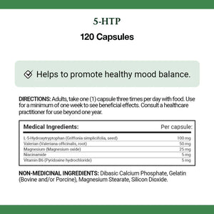 Label for 5-HTP capsules with directions and medical ingredients listed. - okotoks hc pharmacy