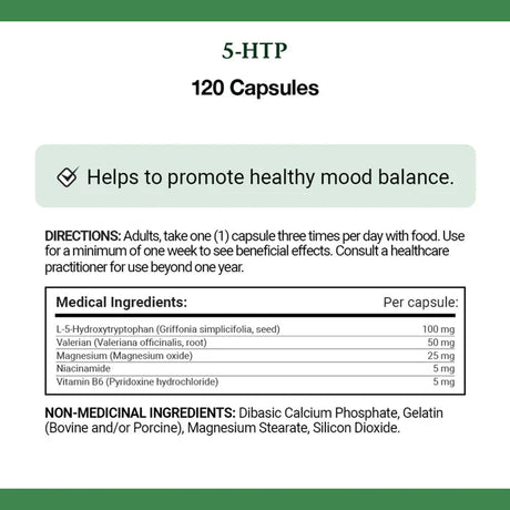 Label for 5-HTP capsules with directions and medical ingredients listed. - okotoks hc pharmacy