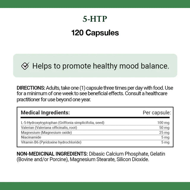 Label for 5-HTP capsules with directions and medical ingredients listed. - okotoks hc pharmacy