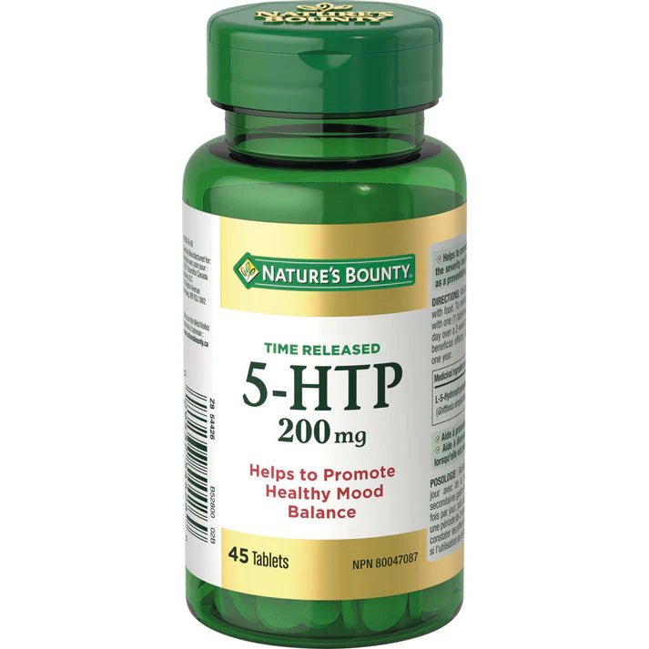 Green bottle of Nature's Bounty 5-HTP 200 mg tablets on a white background - okotoks hc pharmacy