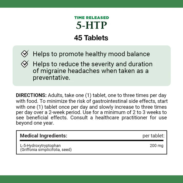 Label for 5-HTP time-release tablets with health benefits and usage instructions. - okotoks hc pharmacy