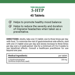 Label for 5-HTP time-release tablets with health benefits and usage instructions. - okotoks hc pharmacy