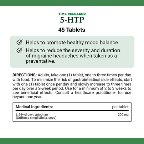 Label for 5-HTP time-release tablets with health benefits and usage instructions. - okotoks hc pharmacy