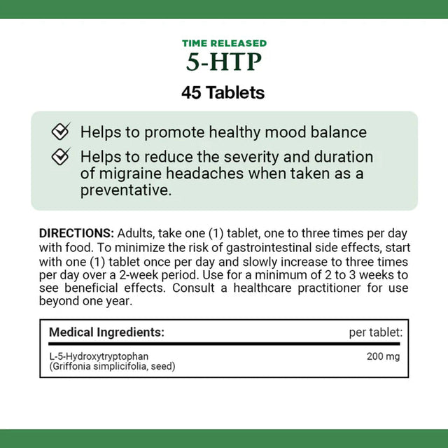 Label for 5-HTP time-release tablets with health benefits and usage instructions. - okotoks hc pharmacy
