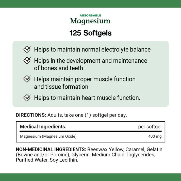 Nature's Bounty Absorbable Magnesium 400mg - 125 Softgel - okotoks hc pharmacy