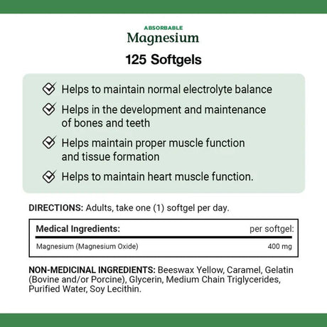 Nature's Bounty Absorbable Magnesium 400mg - 125 Softgel - okotoks hc pharmacy