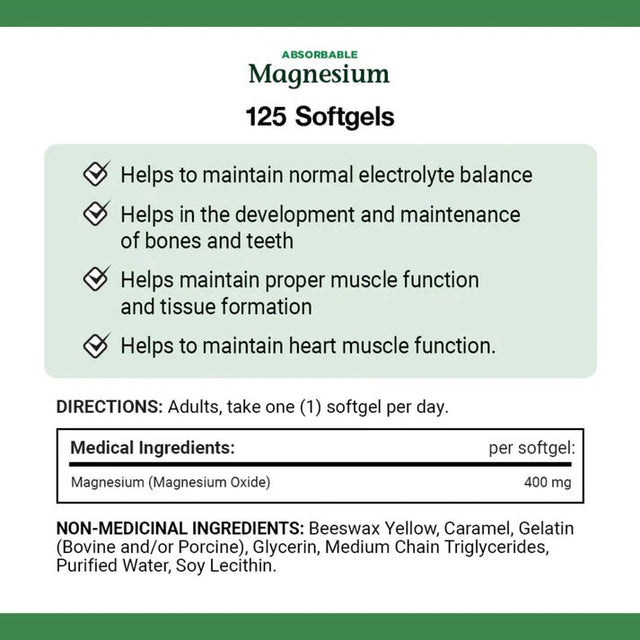 Nature's Bounty Absorbable Magnesium 400mg - 125 Softgel - okotoks hc pharmacy