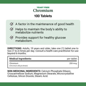 Yeast-free Chromium supplement label with directions and ingredients on a green background - okotoks hc pharmacy