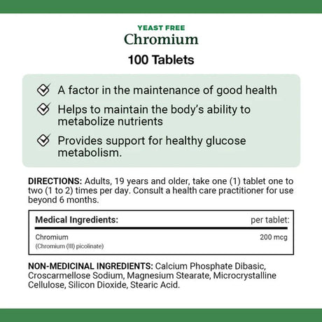 Yeast-free Chromium supplement label with directions and ingredients on a green background - okotoks hc pharmacy