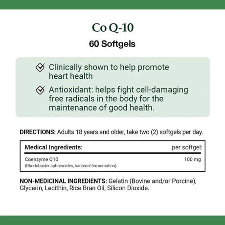 Co Q-10 supplement label with text and green border - okotoks hc pharmacy