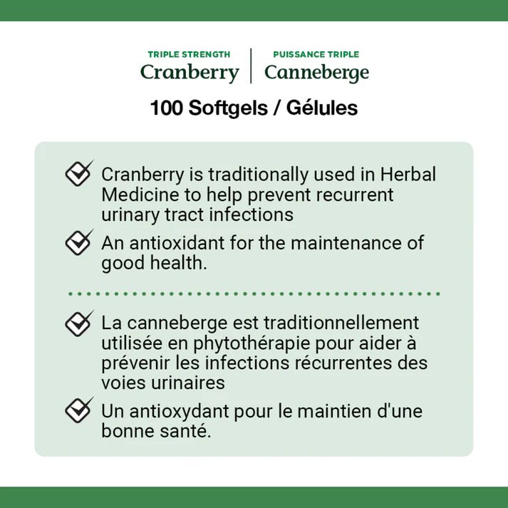 Product label for Cranberry Canneberge with text about its uses and benefits. - okotoks hc pharmacy