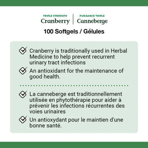 Product label for Cranberry Canneberge with text about its uses and benefits. - okotoks hc pharmacy