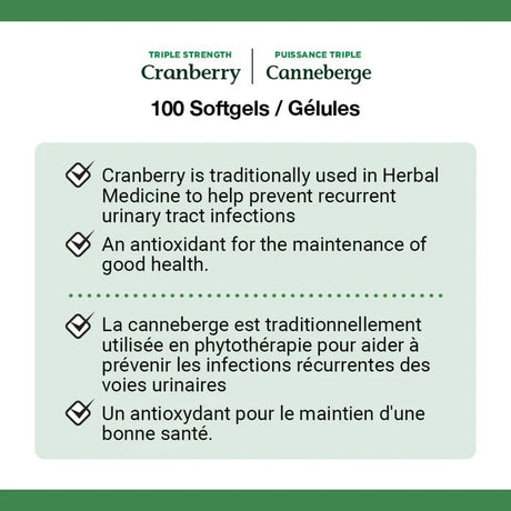 Product label for Cranberry Canneberge with text about its uses and benefits. - okotoks hc pharmacy
