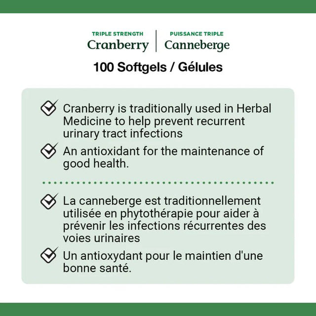 Product label for Cranberry Canneberge with text about its uses and benefits. - okotoks hc pharmacy