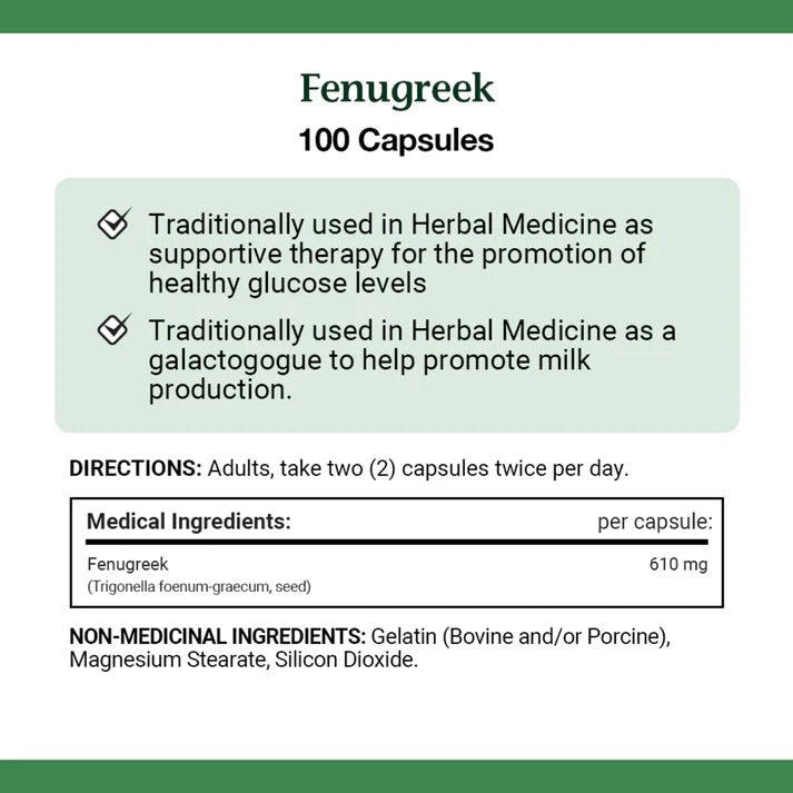 Fenugreek capsules label with traditional uses and directions. - okotoks hc pharmacy
