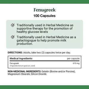 Fenugreek capsules label with traditional uses and directions. - okotoks hc pharmacy