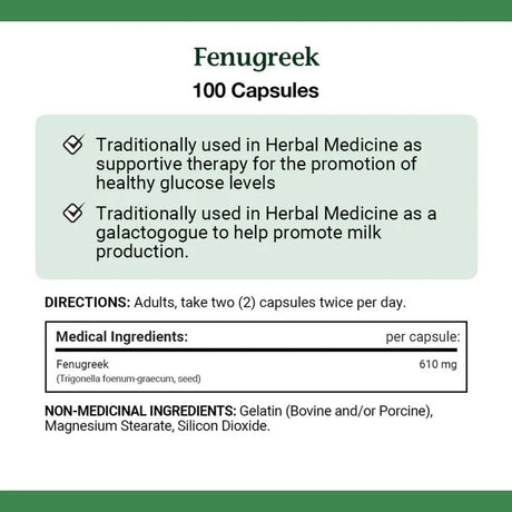Fenugreek capsules label with traditional uses and directions. - okotoks hc pharmacy