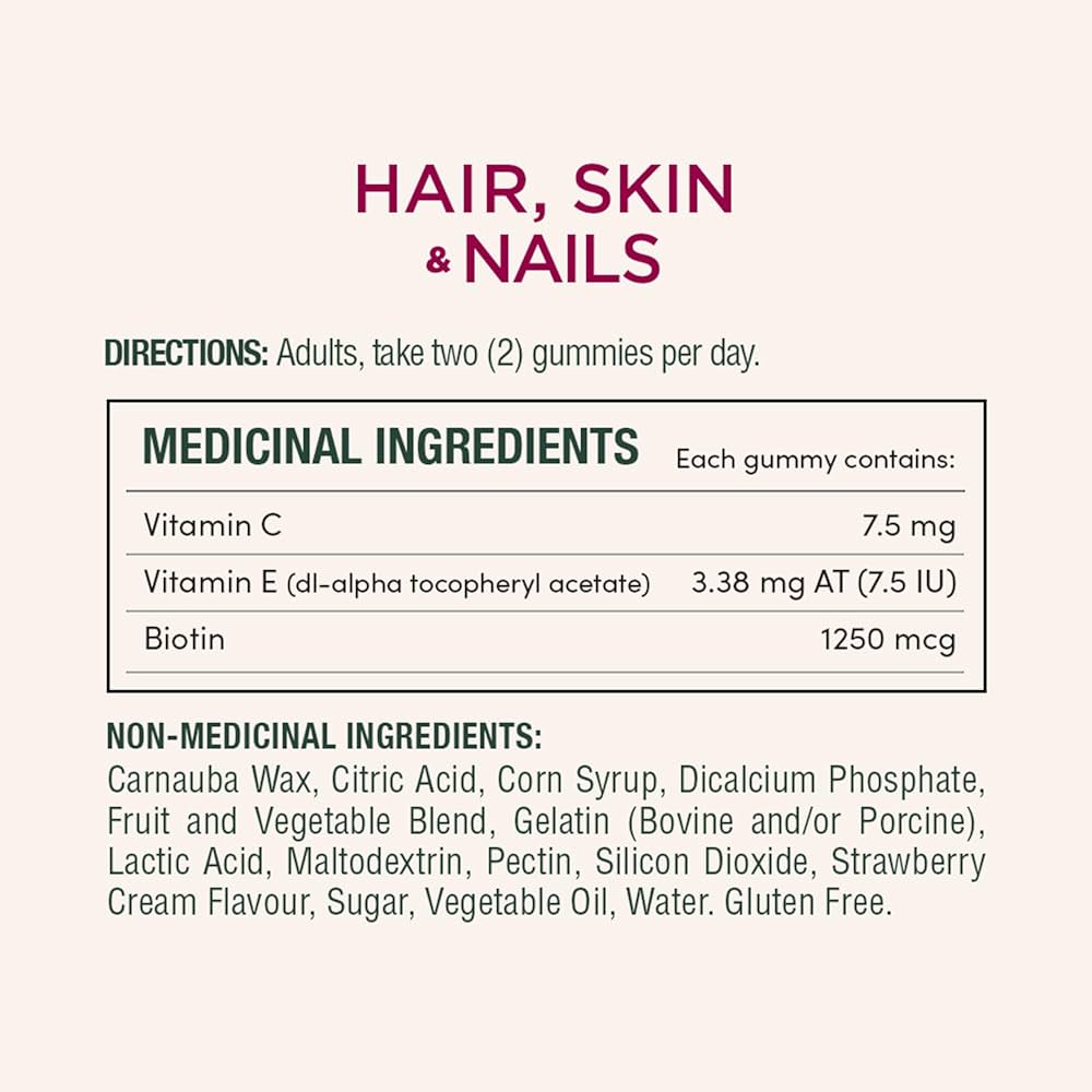 Nutritional supplement label for hair, skin, and nails with directions and ingredient list. - okotoks hc pharmacy