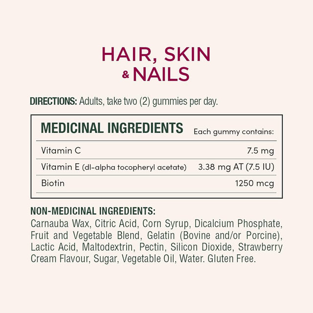 Nutritional supplement label for hair, skin, and nails with directions and ingredient list. - okotoks hc pharmacy