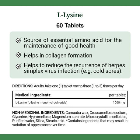 L-Lysine supplement label with directions and ingredients on a green background - okotoks hc pharmacy