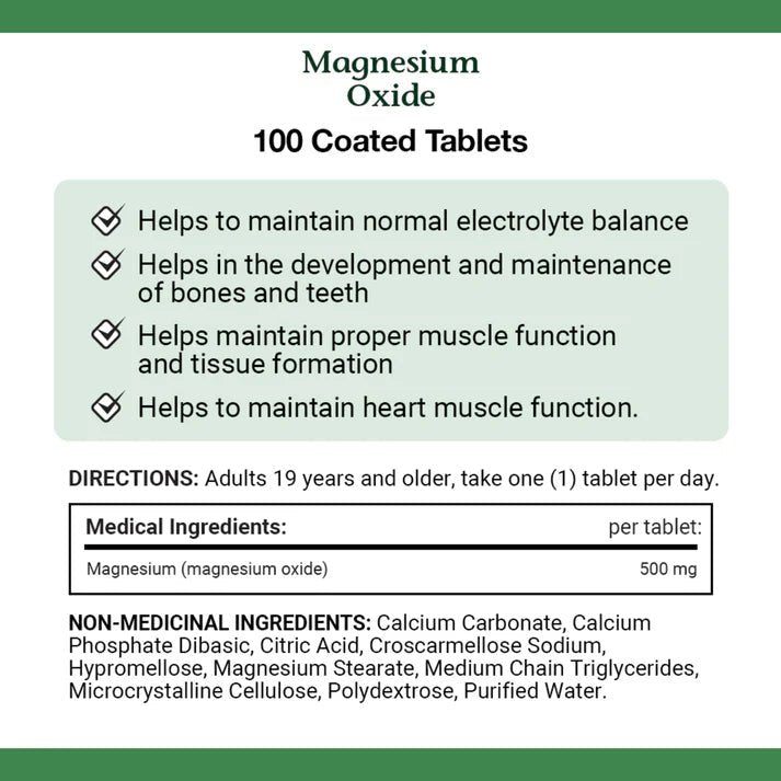 Informational label for Magnesium Oxide coated tablets with benefits and directions. - okotoks hc pharmacy