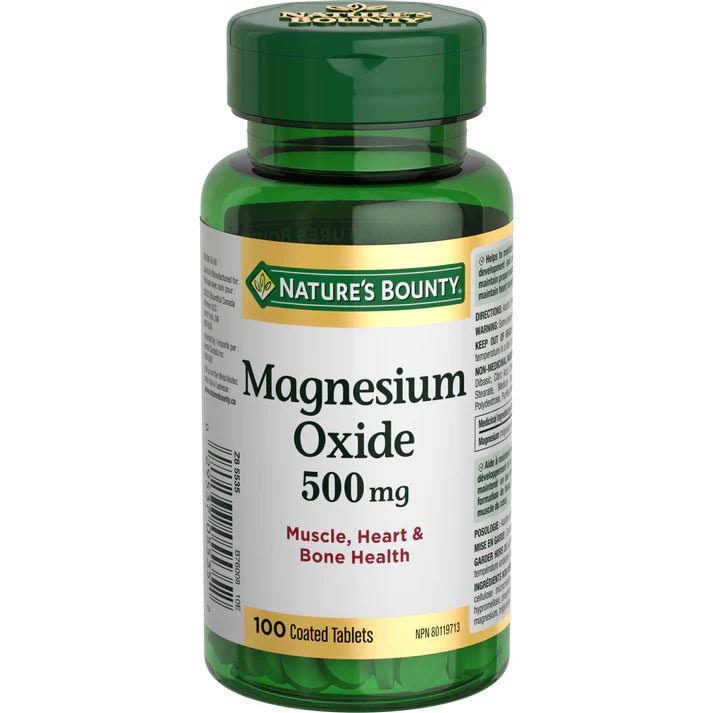 Bottle of Nature's Bounty Magnesium Oxide 500 mg on a white background - okotoks hc pharmacy