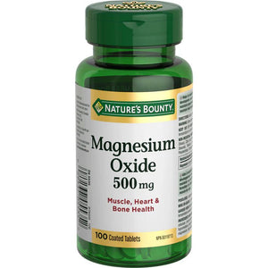 Bottle of Nature's Bounty Magnesium Oxide 500 mg on a white background - okotoks hc pharmacy