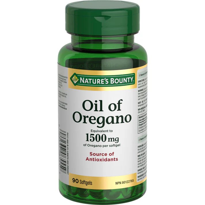 Green bottle of Nature's Bounty Oil of Oregano on a white background - okotoks hc pharmacy