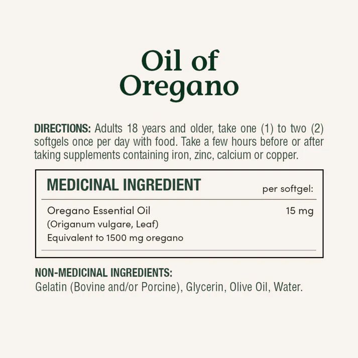 Supplement label for Oil of Oregano with directions and ingredient information. - okotoks hc pharmacy