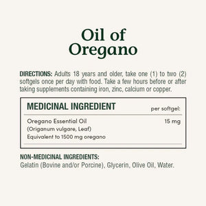 Supplement label for Oil of Oregano with directions and ingredient information. - okotoks hc pharmacy