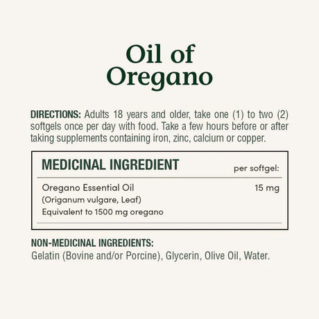 Supplement label for Oil of Oregano with directions and ingredient information. - okotoks hc pharmacy