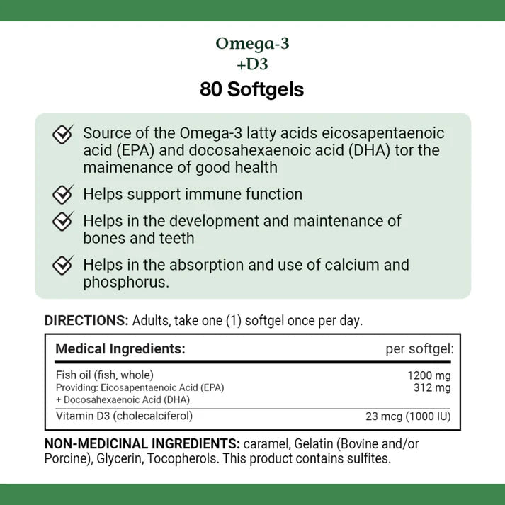 Omega-3 + D3 supplement label with directions and ingredient information. - okotoks hc pharmacy
